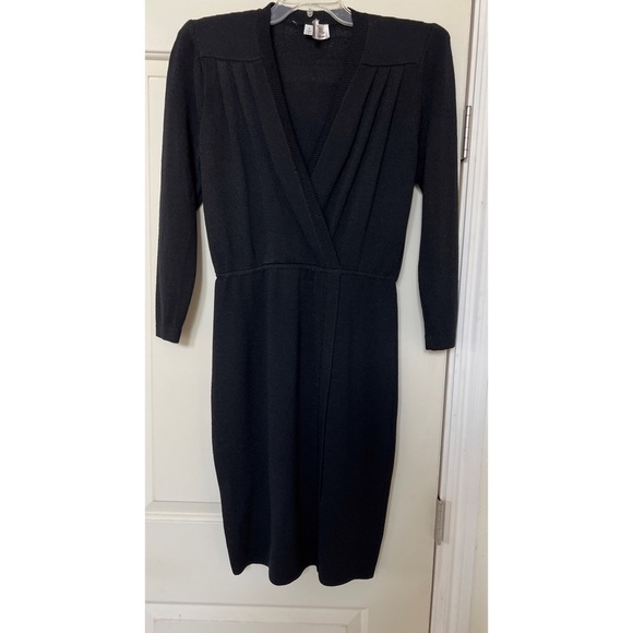 Vintage ST. JOHN BLACK SANTANA KNIT FAUX WRAP DRESS W/SHOULDER PADS - SIZE 6